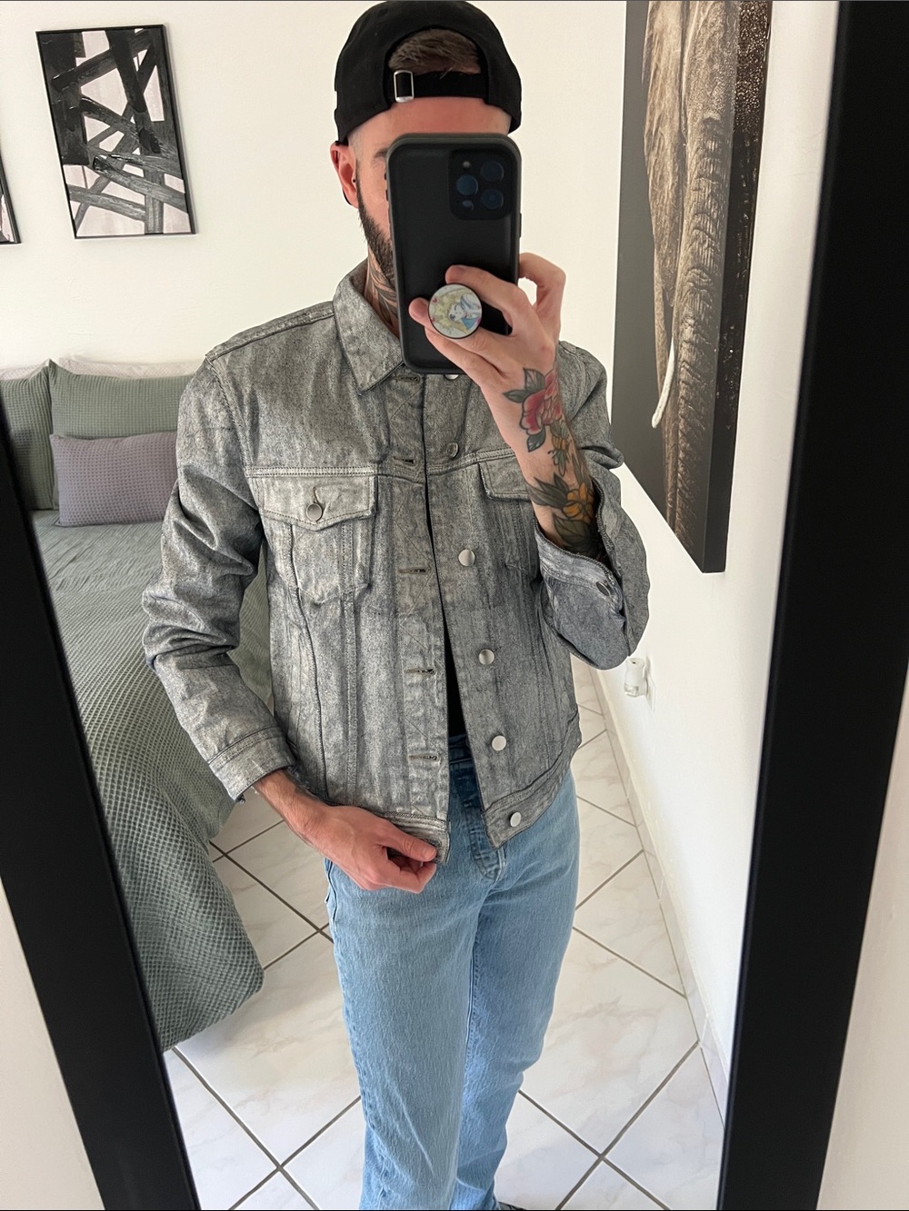 Guess Light Silvery Denim Jacket with Red and Black Logo